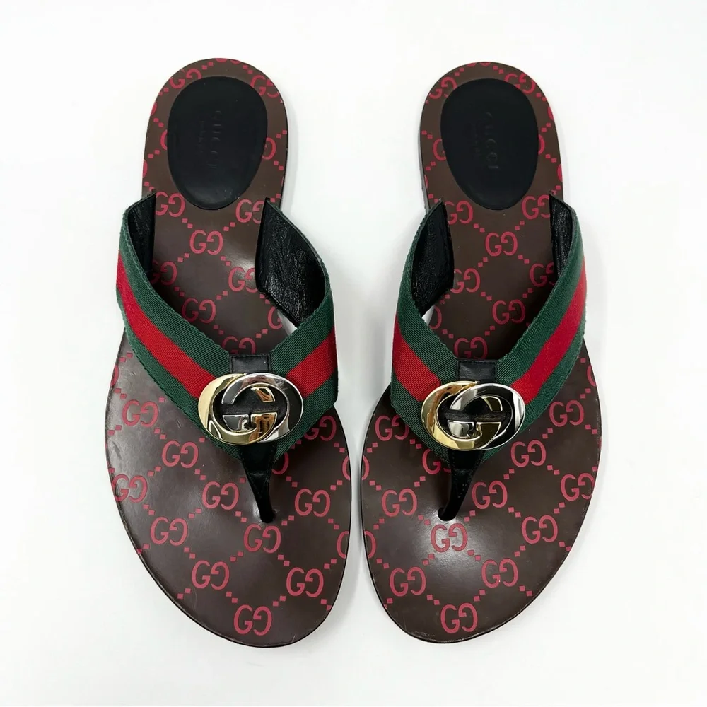 Gucci Kika Interlocking GG Logo Thong Sandals Flip Flops Flat Gold Silver 41 11 - Picture 10 of 10